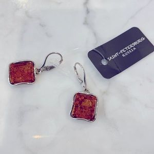 Amber and silver drop earrings, NWT from Russia